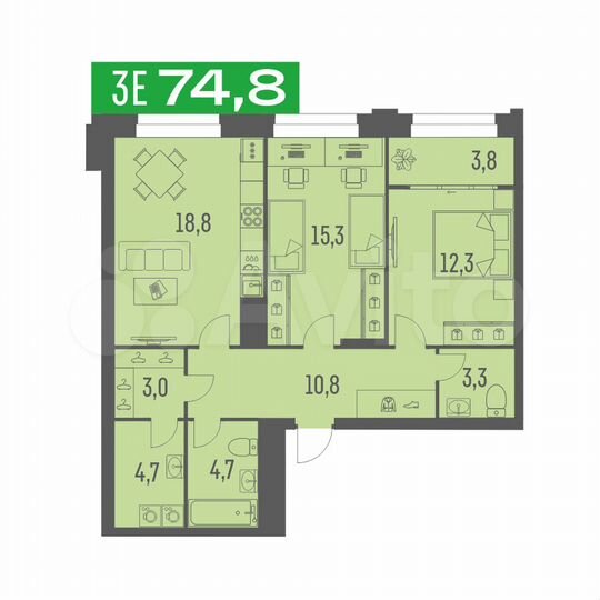 3-к. квартира, 74,5 м², 3/19 эт.