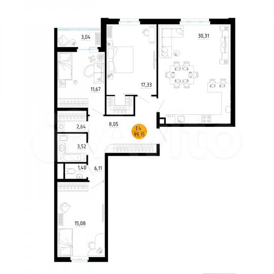 3-к. квартира, 99,2 м², 6/18 эт.