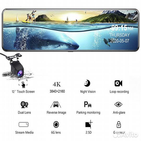 Автомобильный видеорегистратор 4K, 12 дюймов