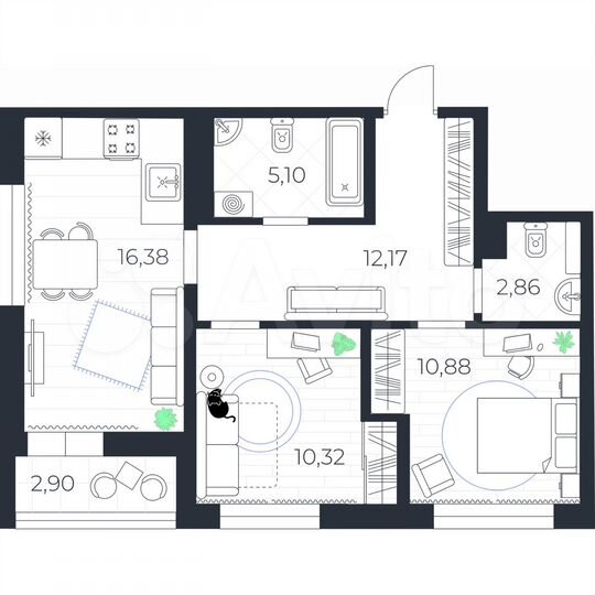 2-к. квартира, 59,2 м², 5/14 эт.