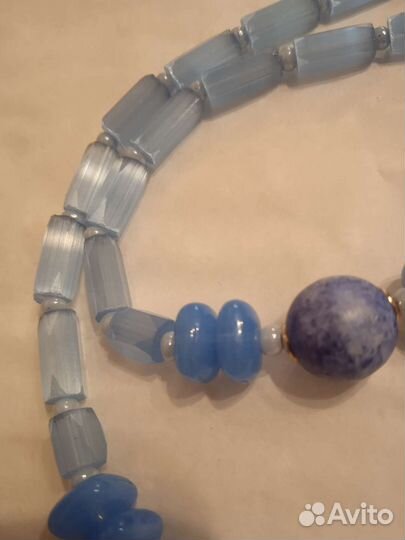 Бусы голубое сатиновое стекло Чехословакия