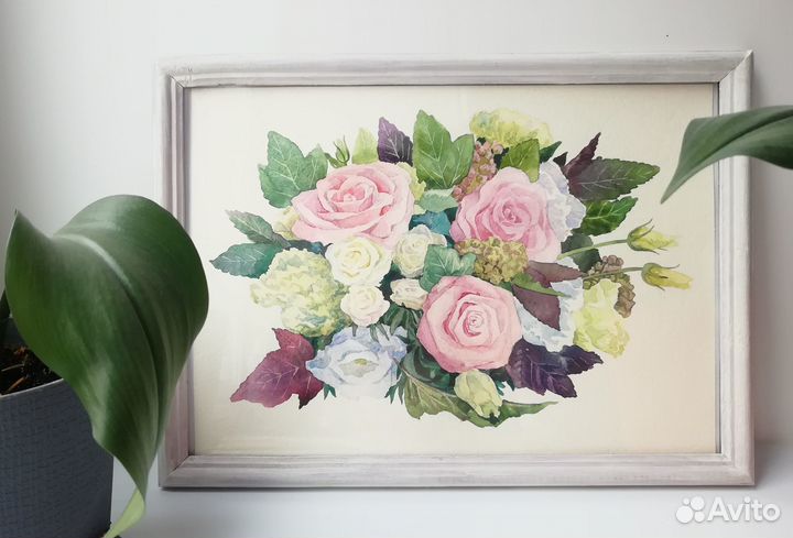Нежный акварельный букет с розами