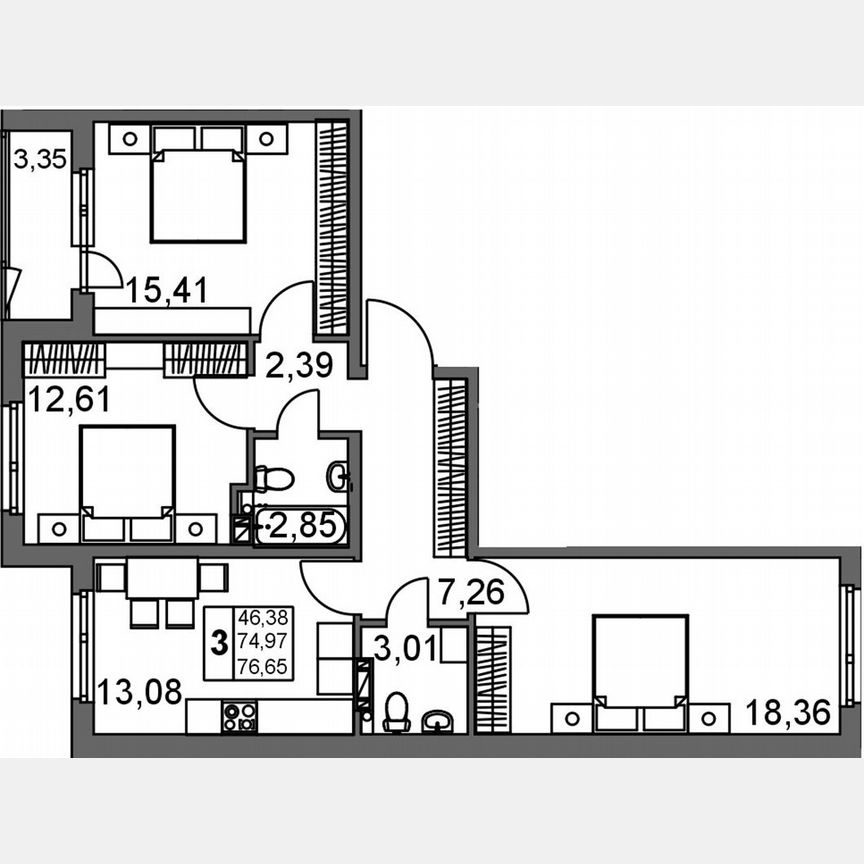 3-к. квартира, 76,7 м², 4/4 эт.