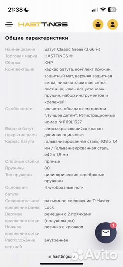 Батут Hasttings Classic Green 3.66 м (12 FT)