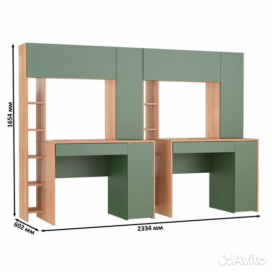 Два больших компьютерных стола Mobi Комфорт 12.71 цвет гикори рокфорд/дымчатый зелёный