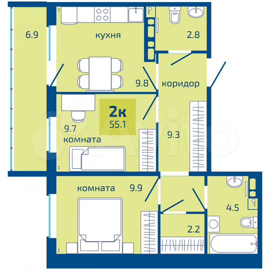2-к. квартира, 55,1 м², 3/10 эт.