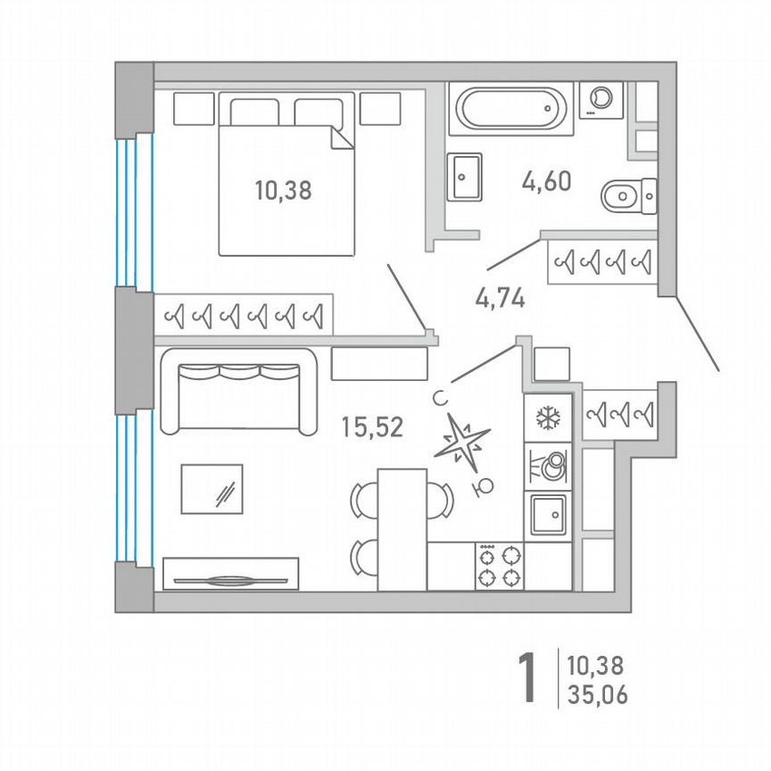 1-к. квартира, 35,1 м², 3/10 эт.