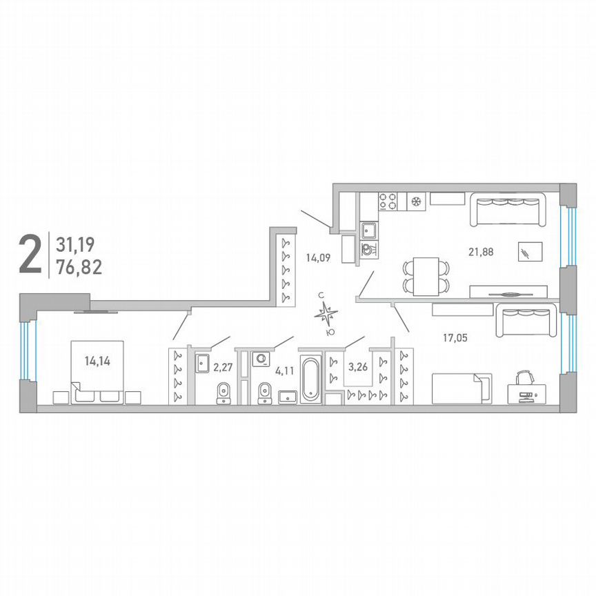 2-к. квартира, 76,8 м², 3/10 эт.