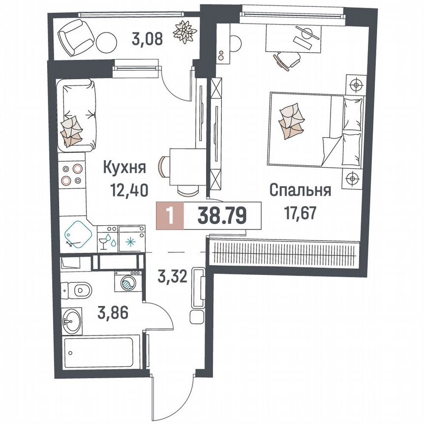 1-к. квартира, 38,8 м², 16/18 эт.