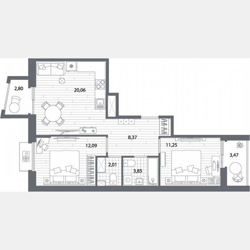 2-к. квартира, 60,2 м², 3/13 эт.
