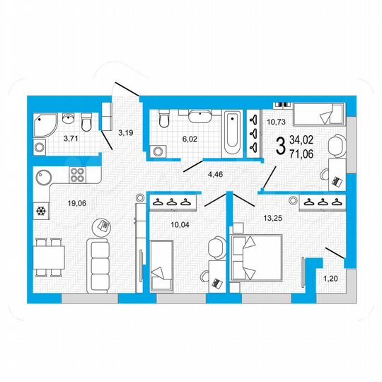 3-к. квартира, 71,1 м², 14/22 эт.