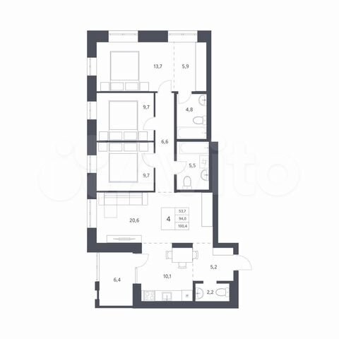 4-к. квартира, 94 м², 3/25 эт.