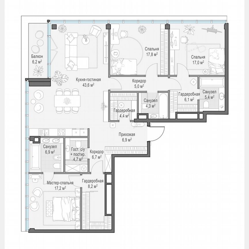 3-к. квартира, 156,7 м², 6/10 эт.