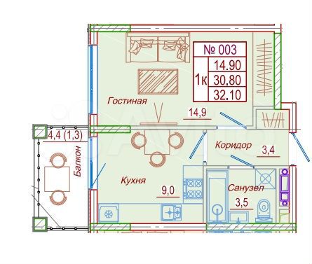 1-к. квартира, 32,1 м², 1/6 эт.
