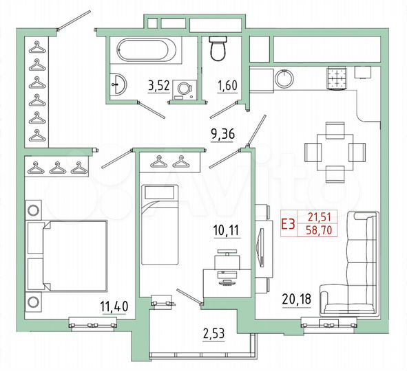 2-к. квартира, 58,7 м², 3/25 эт.