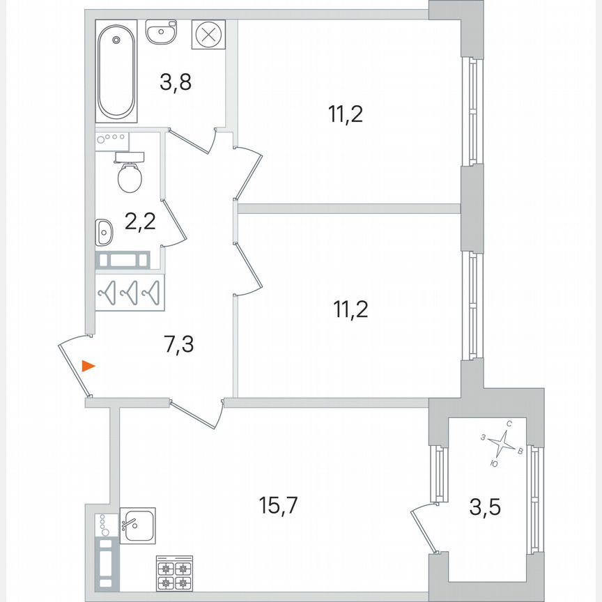 2-к. квартира, 53,2 м², 3/4 эт.