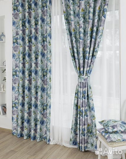 Шторы рогожка Жардин бирюзовый новые пошив