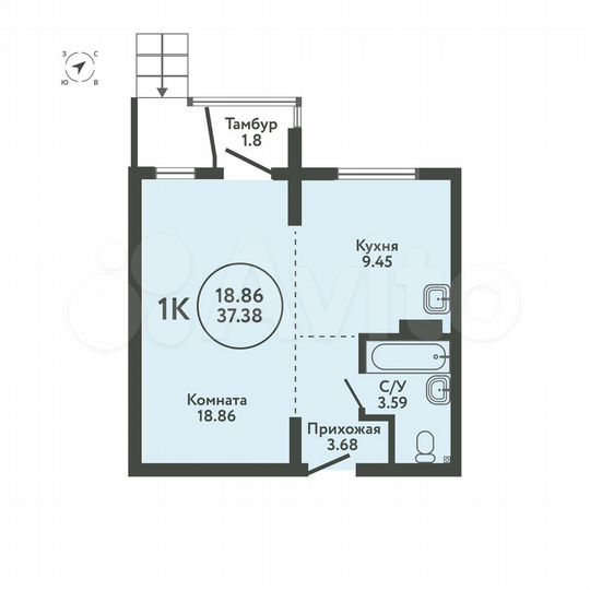 1-к. квартира, 37,4 м², 1/9 эт.