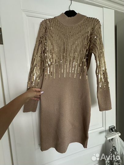 Платье женское лапша с люрексом капучино/золотое