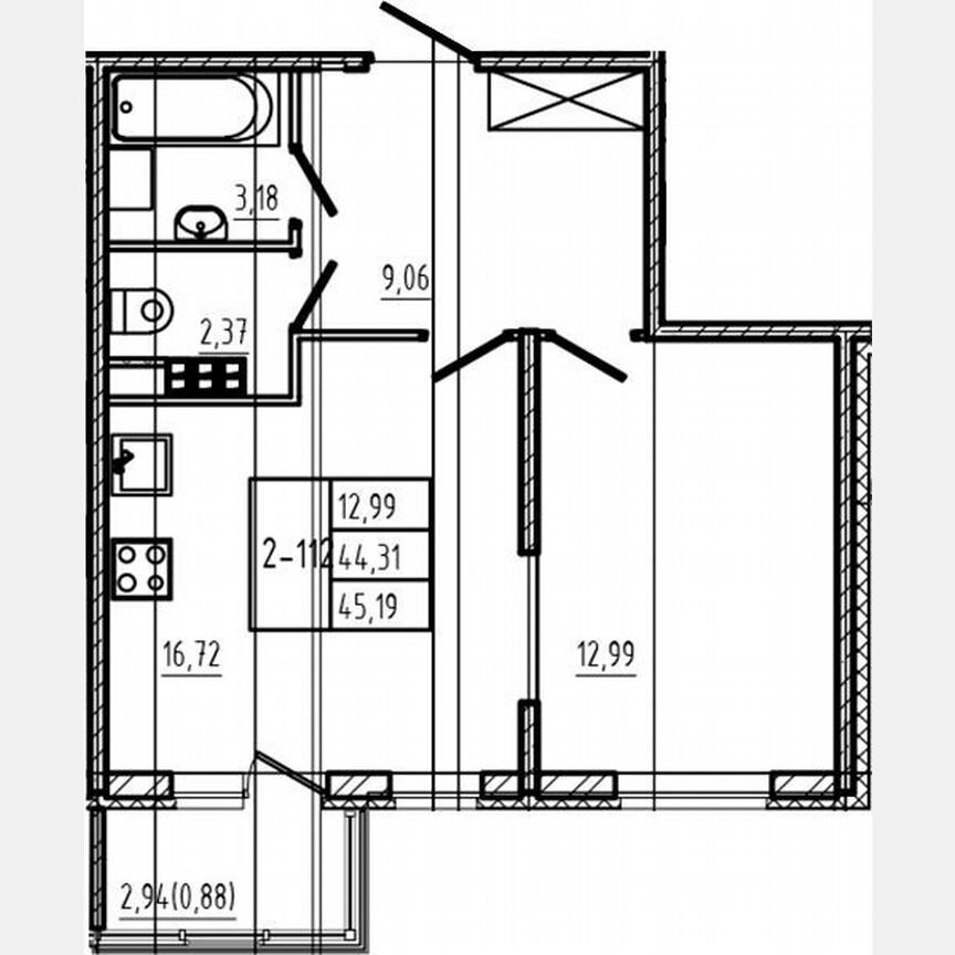 1-к. квартира, 44,3 м², 4/4 эт.