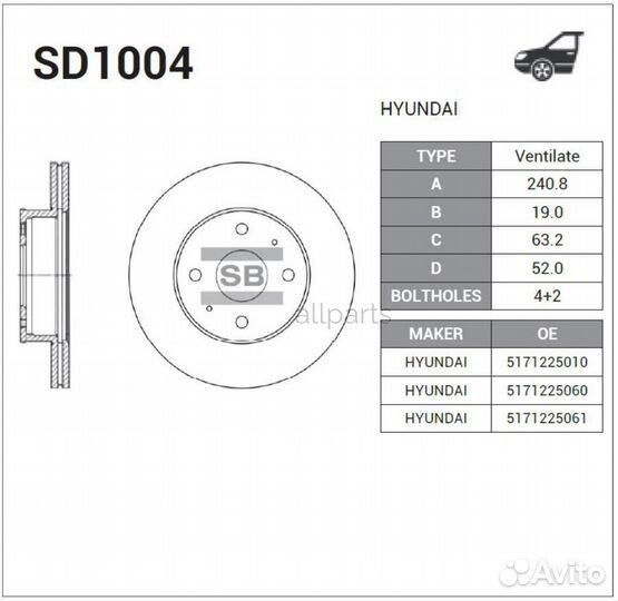 Sangsin brake SD1004 Диск тормозной передний Huyndai Accent (99-05)