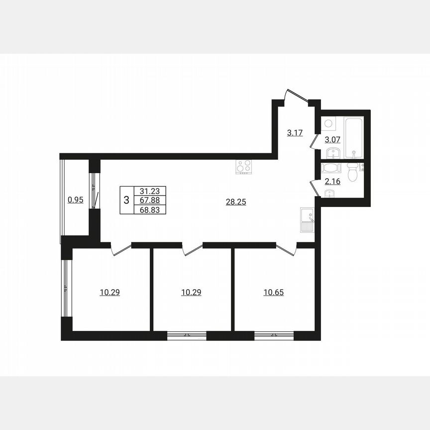 3-к. квартира, 68,8 м², 7/9 эт.