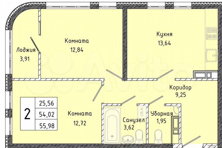 2-к. квартира, 56 м², 12/16 эт.