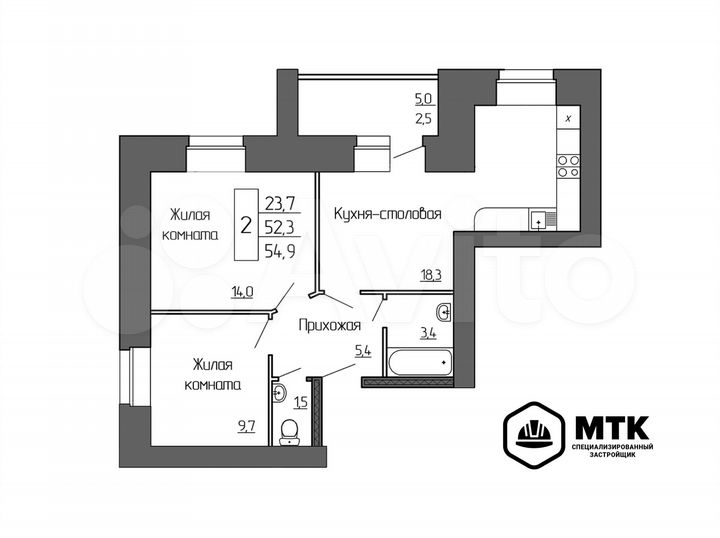 2-к. квартира, 54,9 м², 3/8 эт.