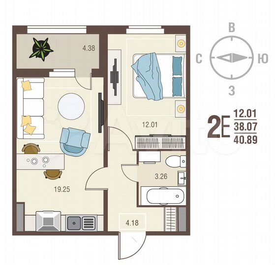 1-к. квартира, 40,9 м², 2/17 эт.
