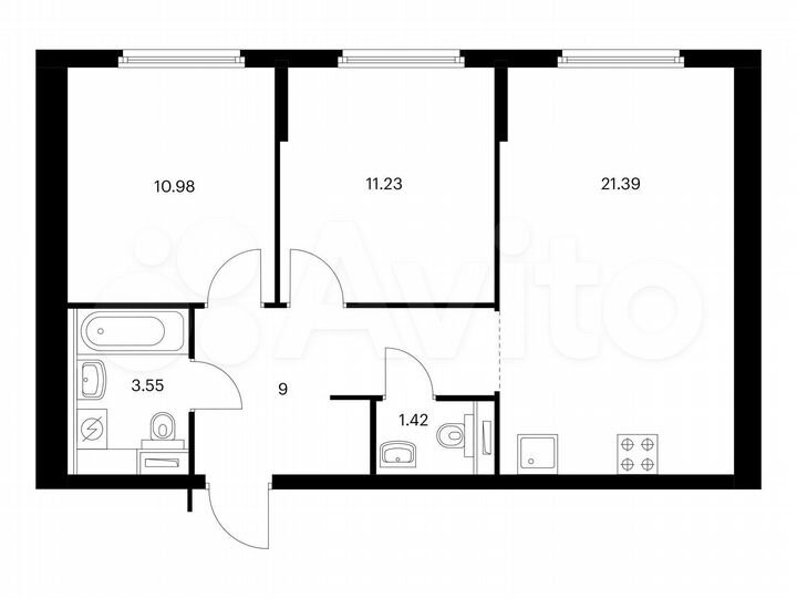 2-к. квартира, 57,6 м², 1/9 эт.