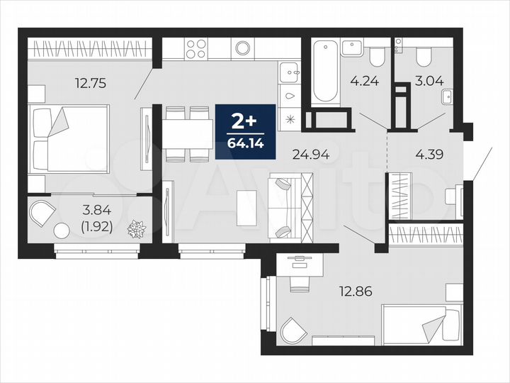 2-к. квартира, 64,1 м², 22/22 эт.