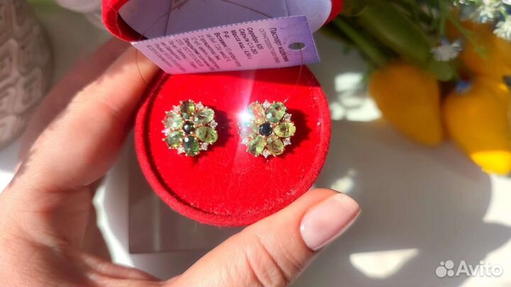 Серьги с зелеными сапфирами Сонгеа 7,2ct, 925/585