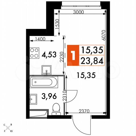 1-к. апартаменты, 23,8 м², 13/15 эт.
