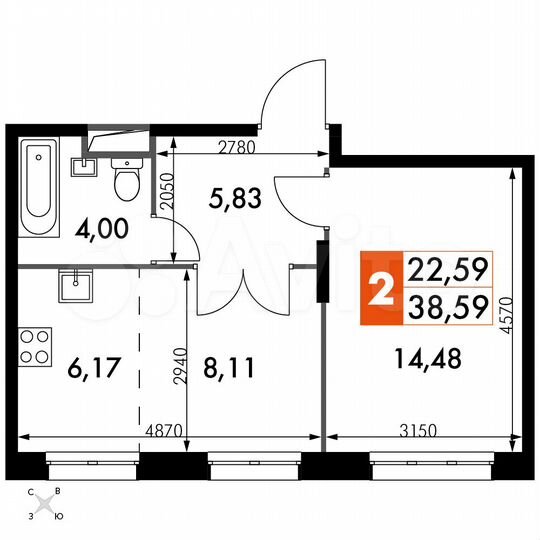 2-к. апартаменты, 38,6 м², 11/15 эт.
