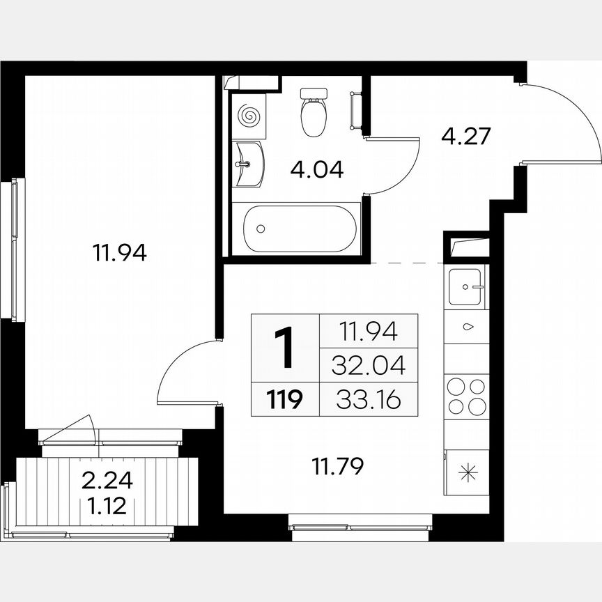 1-к. квартира, 33,2 м², 9/12 эт.