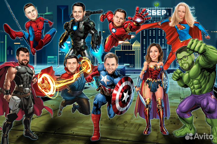 Цифровой шарж портрет, печать на холсте по фото