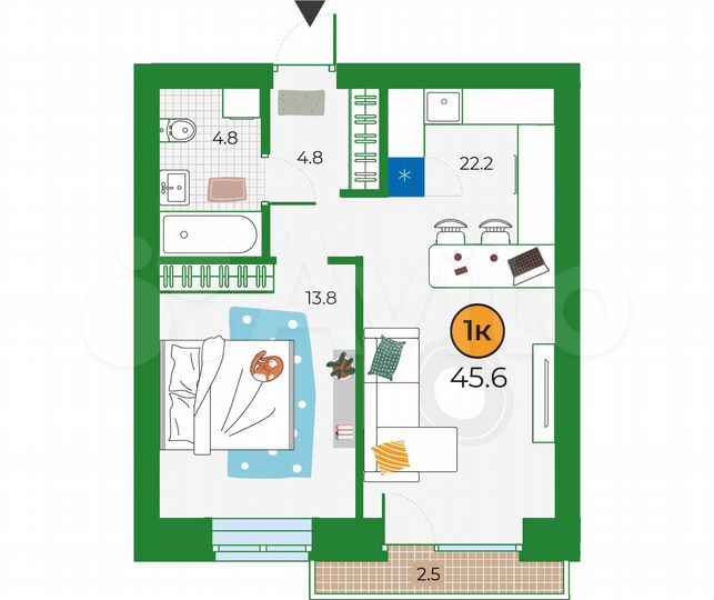 1-к. квартира, 45,6 м², 2/6 эт.