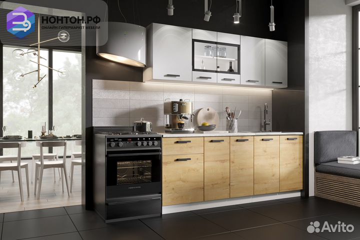 Кухня Хозяюшка 2.0 м белый гладкий / дуб вотан