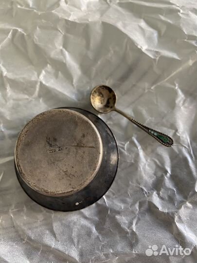 Антикварная солонка с ложечкой. Серебро 916 пр