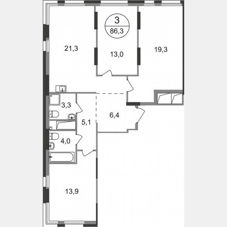 3-к. квартира, 86,3 м², 18/19 эт.