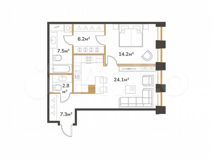 1-к. квартира, 62,1 м², 16/20 эт.