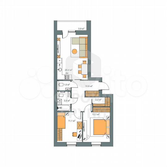 2-к. квартира, 65 м², 1/9 эт.