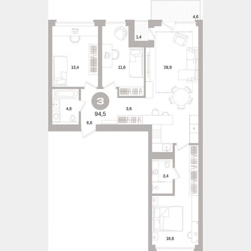 3-к. квартира, 94 м², 3/16 эт.