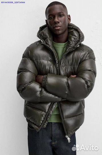 Пуховик Zara x Moncler Глянцевый Хаки (Арт.89010)