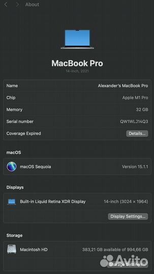 Macbook pro 14 m1pro 32Gb SSD 1Tb