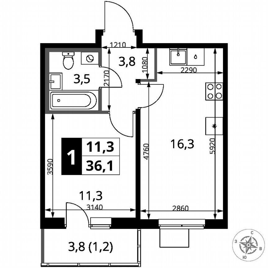 1-к. квартира, 36,1 м², 4/9 эт.