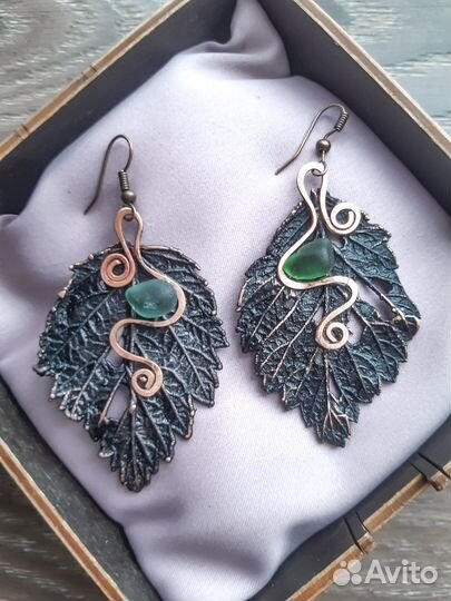 Медные серьги ручной работы из листиков малины