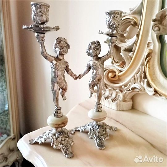 Антикварные подсвечники с Путти серебрение Италия
