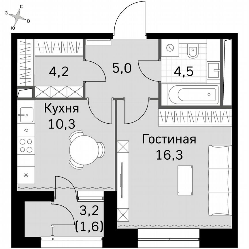 1-к. квартира, 42,4 м², 4/4 эт.