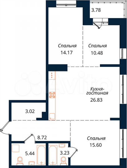 3-к. квартира, 91,3 м², 14/18 эт.